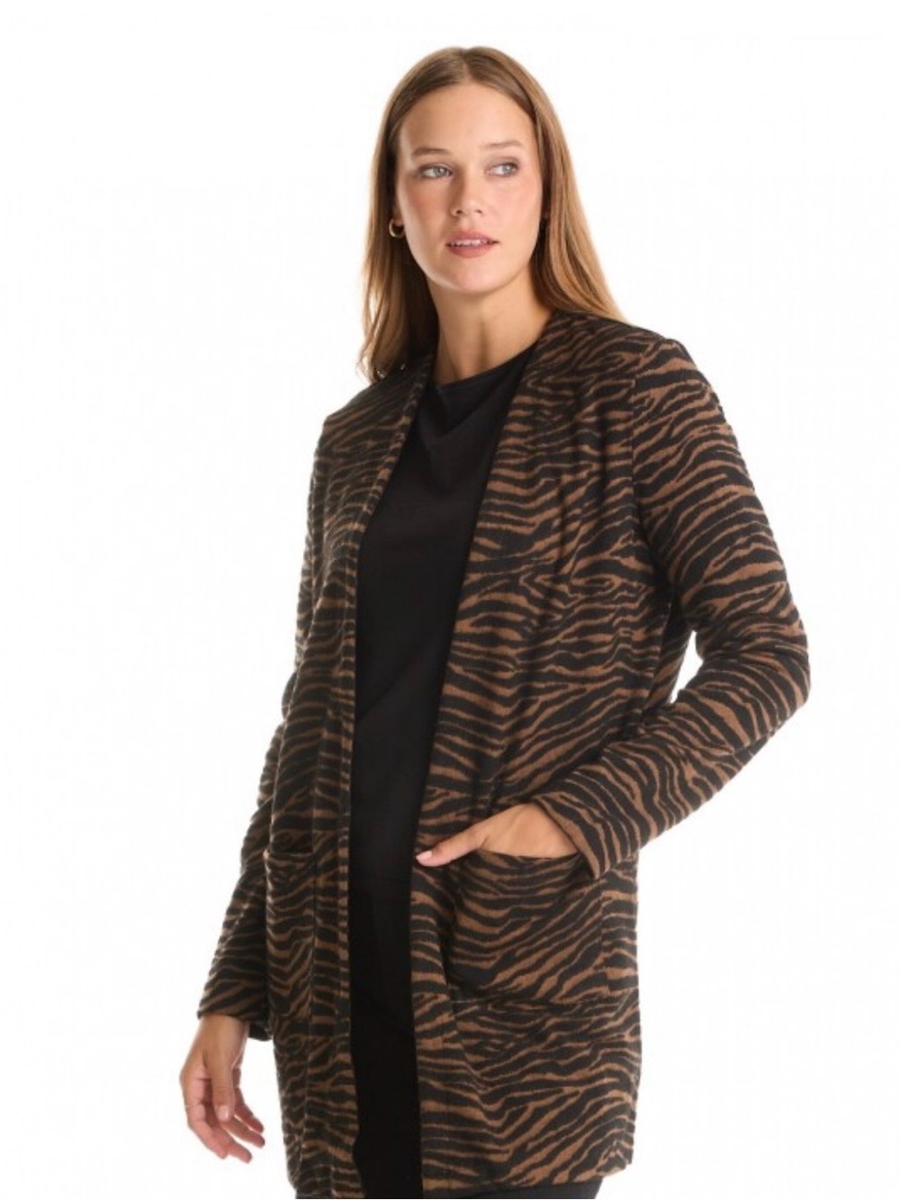 #3169**Dictionary Brown & Black Zebra-Print Open Cardigan